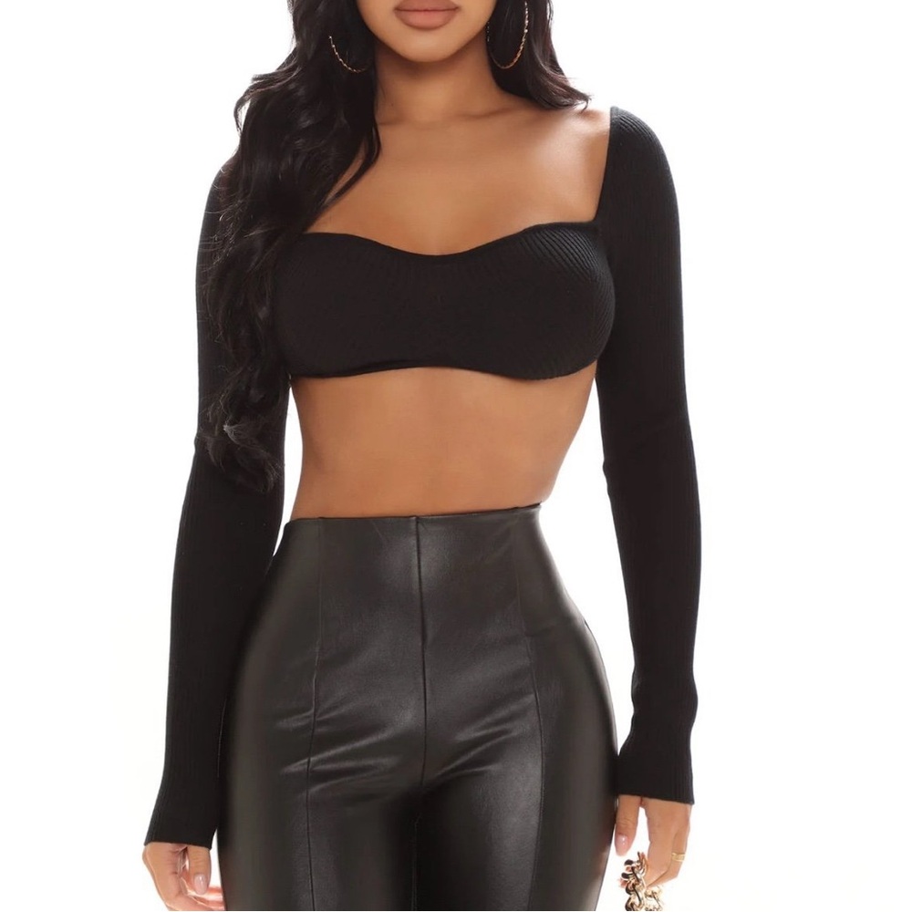 Black Bustier Crop Top with Long Sleeves